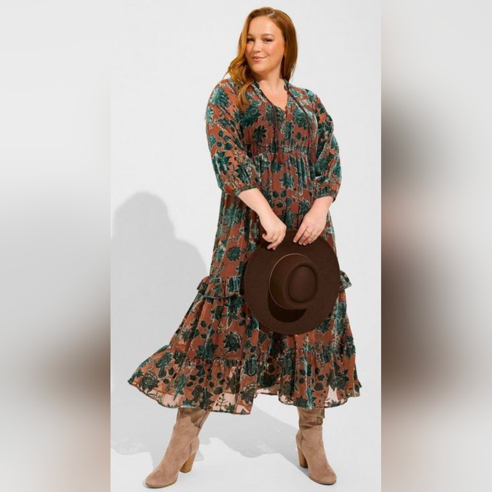 TORRID Tea Length Velvet Burnout Ruffle Dress